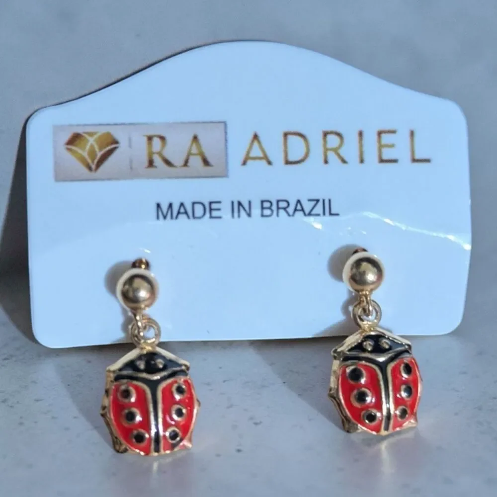 RA Adriel Ladybug Drop Earrings Gold Red Enamel Cute Kids Jewelry Gift